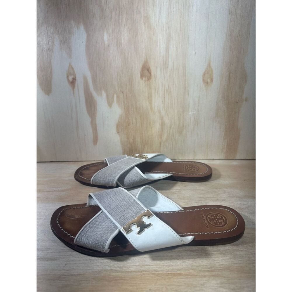 Tory Burch White & Beige Crossband Logo Slide Sandals Women’s Size 7.5